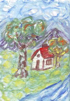 Small cottage near a river acrylic painting.