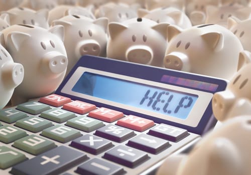 Solar calculator amid several piggy banks showing on the digital display the word "HELP"". 3D illustration with several concepts: Help finances, Help business, Help money, Help bank, Help Savings, etc."