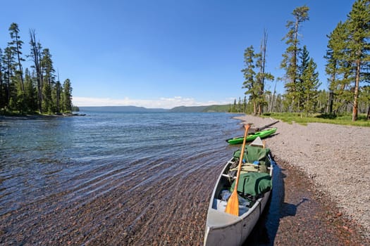 Boats ready for the trip on Shoshone Lake in Yellowstone National Park in Wyoming