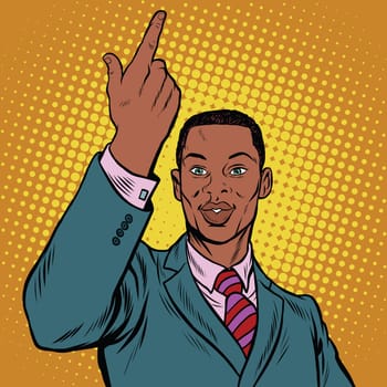 African American businessman pointing finger up, pop art retro illustration