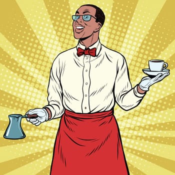 African American Barista made freshly ground coffee, pop art retro illustration