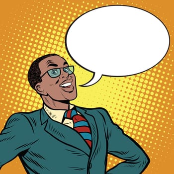 African American businessman says the comic bubble, pop art retro illustration