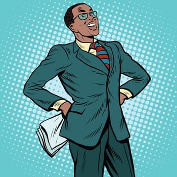 Confident African businessman pop art retro illustration. African American people