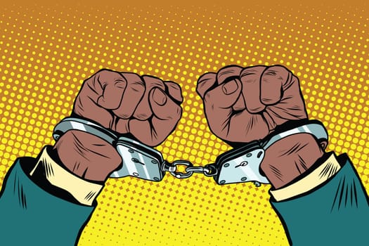 Hands up African American in handcuffs, pop art retro illustration.