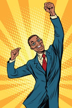 happy male businessman winner emotions, pop art retro comic book vector illustration