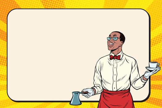African American Barista made freshly ground coffee, pop art retro illustration. Billboard copy space background