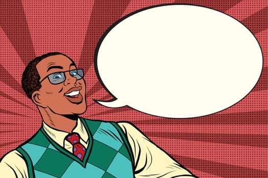 Intelligent African with glasses says comic bubble, pop art retro comic book vector illustration