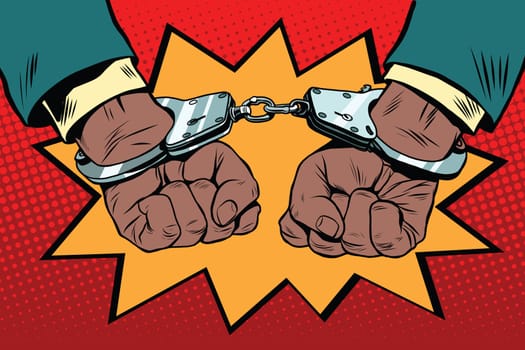 handcuffs behind the back, hands African American, pop art retro illustration. Police violence and human rights