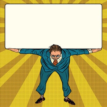 retro businessman holding a heavy banner, pop art vector