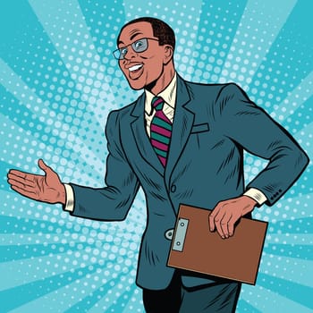 Friendly African American businessman, pop art retro illustration.