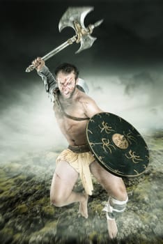 Ancient warrior or Gladiator fighting in a dark environment