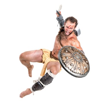 Ancient warrior or Gladiator jumping isolated in a white background