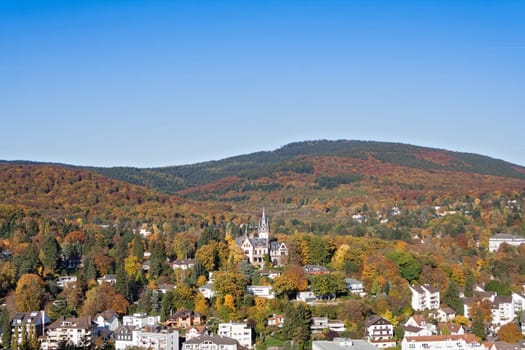 View from the castle ruin Koenigstein to the autumnal Taunus, Hesse, Germany