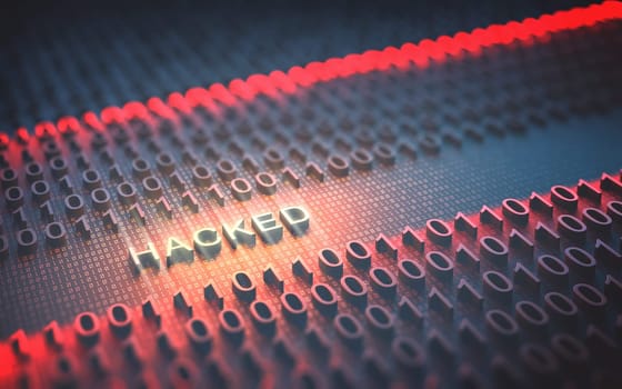 3D illustration of binary code interrupted by the word "Hacked"""