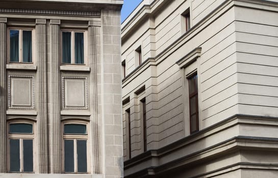 Horizontal close up of buildings with classical architecture