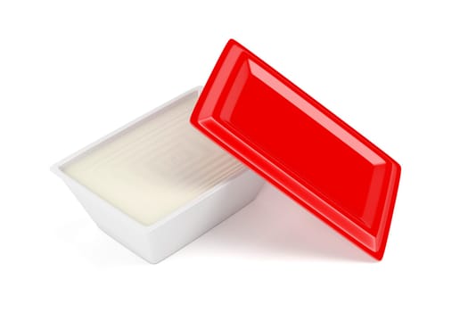 Cream cheese in plastic container on white background