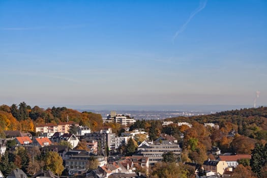 View from the castle ruin Koenigstein to the autumnal Rhein Main Ebene, Hesse, Germany