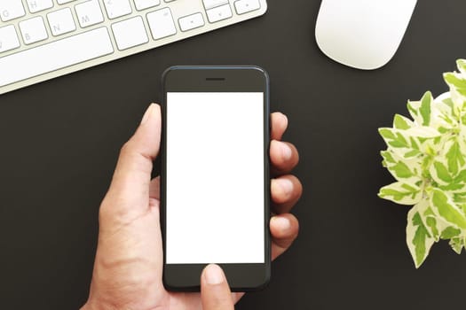 hand hold phone white screen display, close-up business man touch on new smart phone modern technology lifestyle