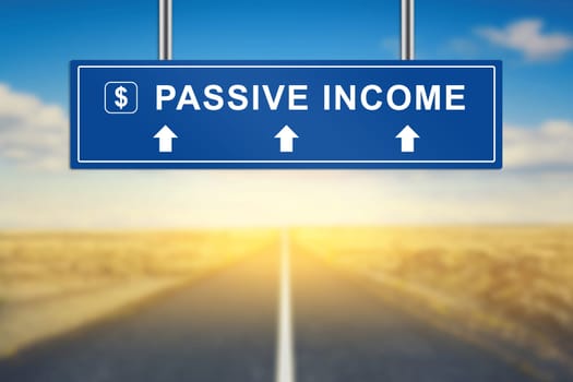 passive income words on blue road sign with blurred background