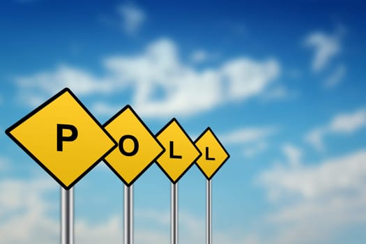 poll on yellow road sign with blurred sky background