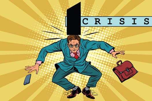 economic policy and crisis, impact on business, pop art retro vector. The businessman was hit with a hammer
