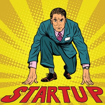 Startup retro businessman on starting line, pop art retro vector