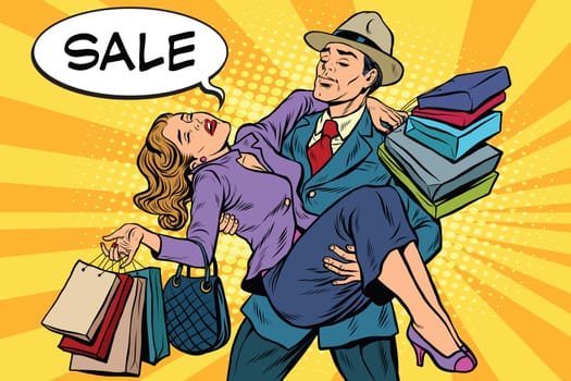 Discounts and sales. Retro man carrying woman on his hands, pop art vector. The concept of the sale season, the holidays and Black Friday