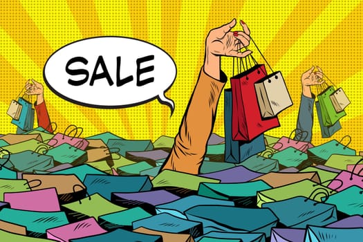 sales, people drowning in the ocean of shopping, pop art retro vector. The concept of black Friday and holiday sales