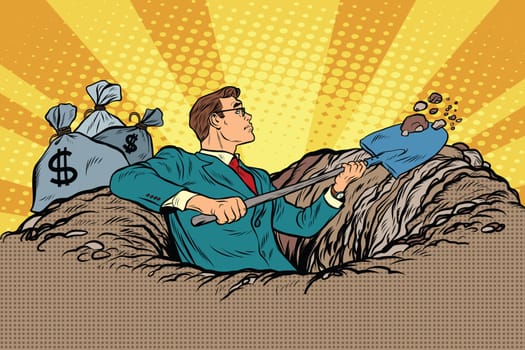 Businessman digging, money and treasure, pop art retro vector