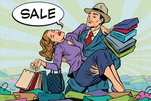 Retro man rescues a woman from sales and purchases, pop art vector. Holiday sales and Black Friday