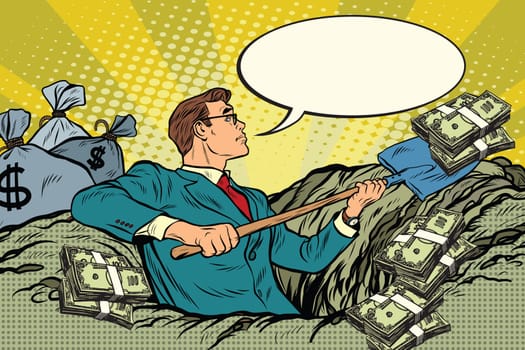 Retro businessman digs up money from the ground, pop art vector. Business and Finance
