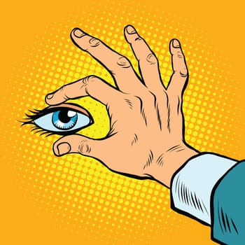 Retro hand holding eyes, pop art retro vector. View and surveillance