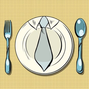 Business lunch, dish, fork and spoon, pop art retro vector. Restaurants and food