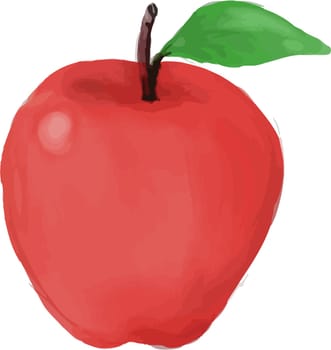 Watercolor style illustration of a red apple with leaf viewed from front set on isolated white background.