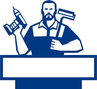 Illustration of a handyman with beard moustache facial hair holding paint roller on shoulder and cordless drill viewed from front set on isolated white background done in retro style.