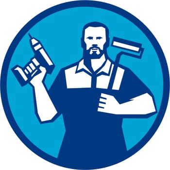 Illustration of a handyman with beard moustache facial hair holding paint roller on shoulder and cordless drill viewed from front set inside circle on isolated background done in retro style.