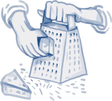Watercolor style illustration of a hand grating cheese on a handheld cheese grater viewed from front set on isolated white background.