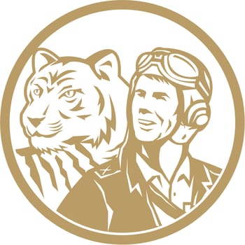 Illustration of a world war two pilot airman aviator and tiger looking to the side set inside circle done in gold retro style.