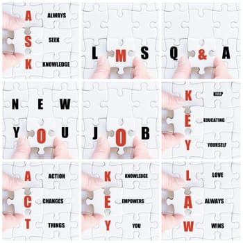Photo collage with hand of business man completing the puzzle with the last missing piece