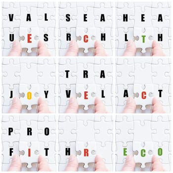 Photo collage with hand of business man completing the puzzle with the last missing piece