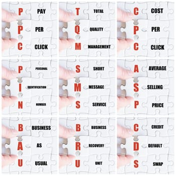 Photo collage with hand of business man completing the puzzle with the last missing piece