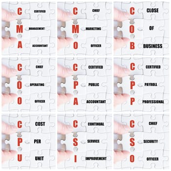 Photo collage with hand of business man completing the puzzle with the last missing piece