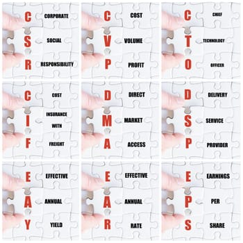 Photo collage with hand of business man completing the puzzle with the last missing piece