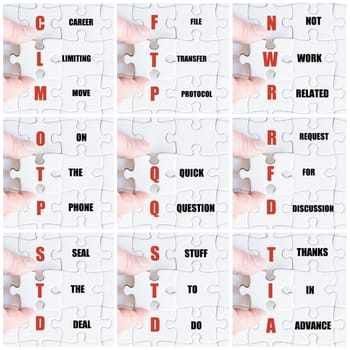 Photo collage with hand of business man completing the puzzle with the last missing piece