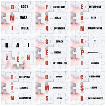 Photo collage with hand of business man completing the puzzle with the last missing piece