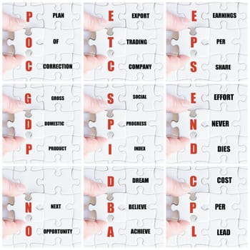 Photo collage with hand of business man completing the puzzle with the last missing piece