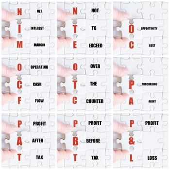 Photo collage with hand of business man completing the puzzle with the last missing piece