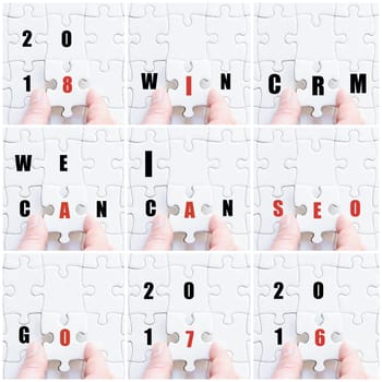 Photo collage with hand of business man completing the puzzle with the last missing piece
