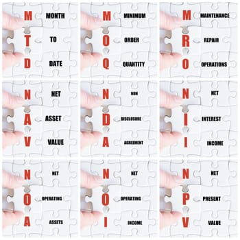 Photo collage with hand of business man completing the puzzle with the last missing piece