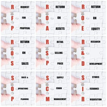 Photo collage with hand of business man completing the puzzle with the last missing piece